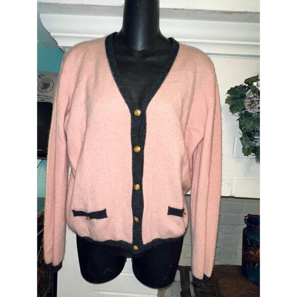 VINTAGE NEIMAN MARCUS PINK BLACK BORDERED CASHMERE CARDIGAN SWEATER L - Picture 1 of 7
